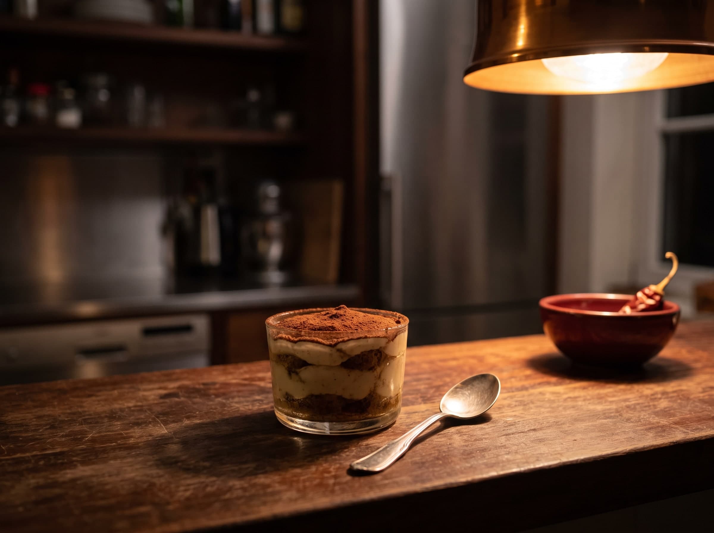 Tiramisu im Glas, mit Kakao bestäubt, daneben ein Löffel