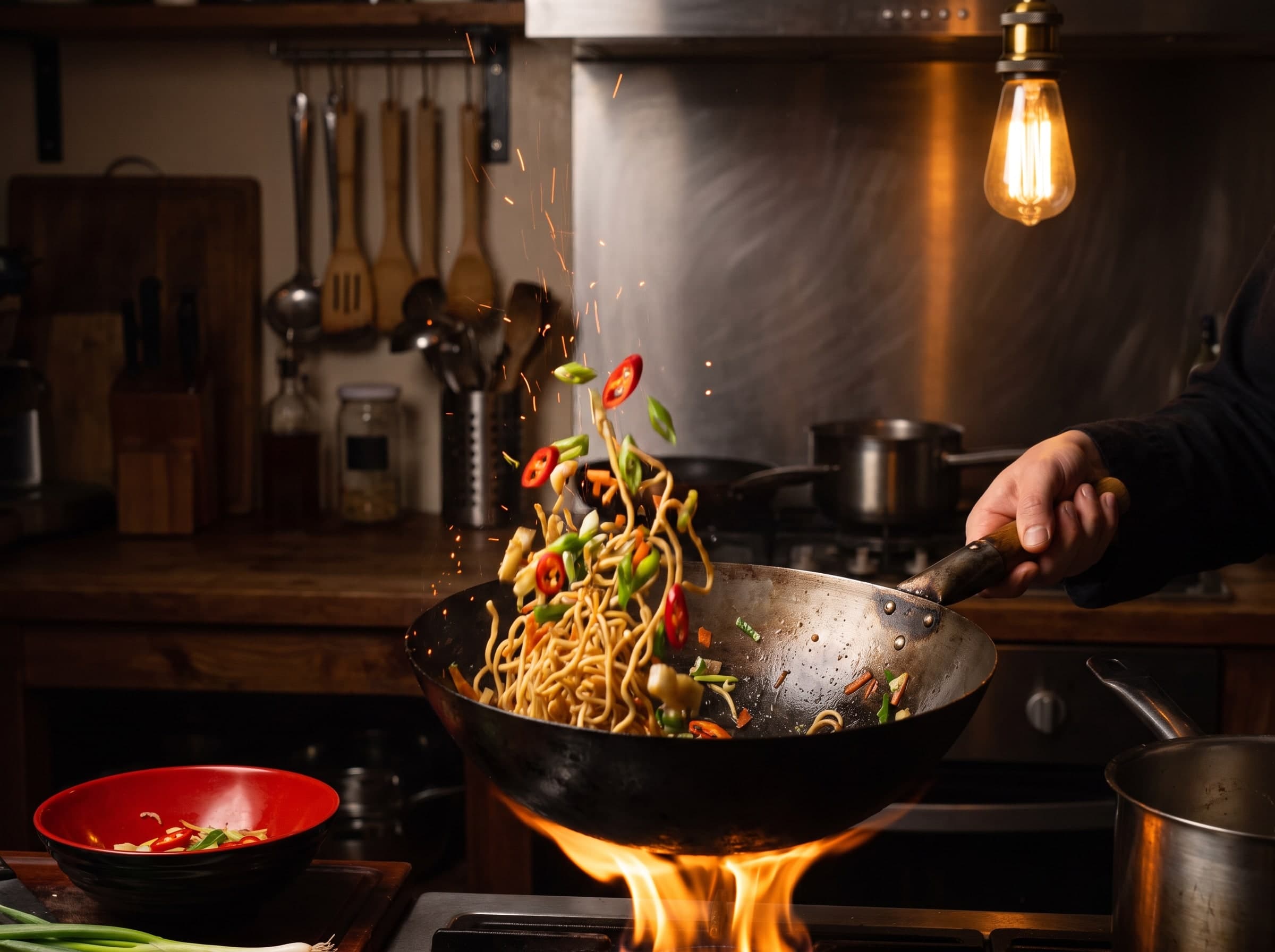 Nudeln mit Gemüse und roten Chilis werden im schwarzen Wok über hoher Flamme geschwenkt