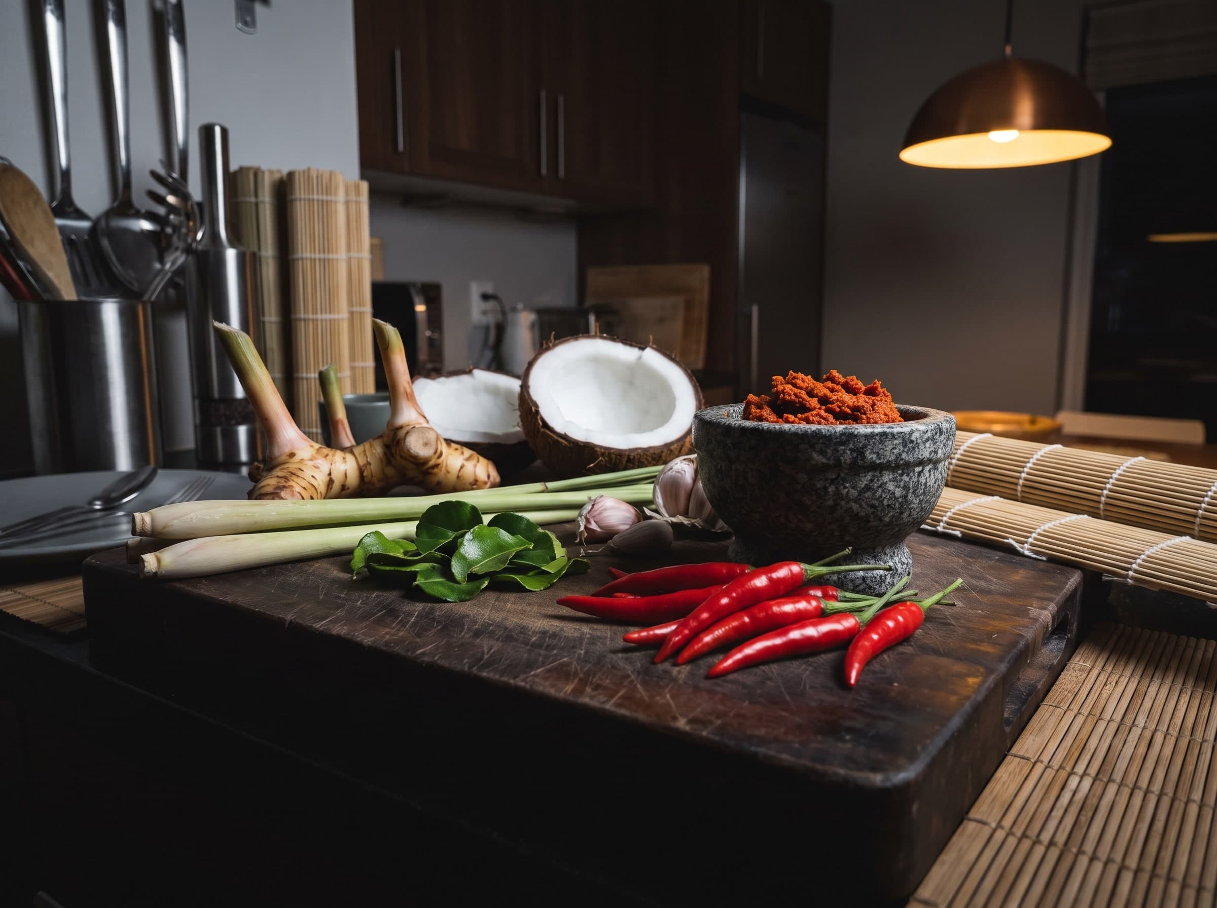 Zitronengras, Galgant, Kaffirlimettenblätter, rote Chilis, eine halbe Kokosnuss und Currypaste im Steinmörser auf einem Holzbrett